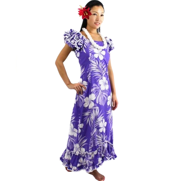 Pacific Legend Vtg Hawaiian Purple/White Hibiscus Ruffle Sleeve/Hem Maxidress - Picture 1 of 17